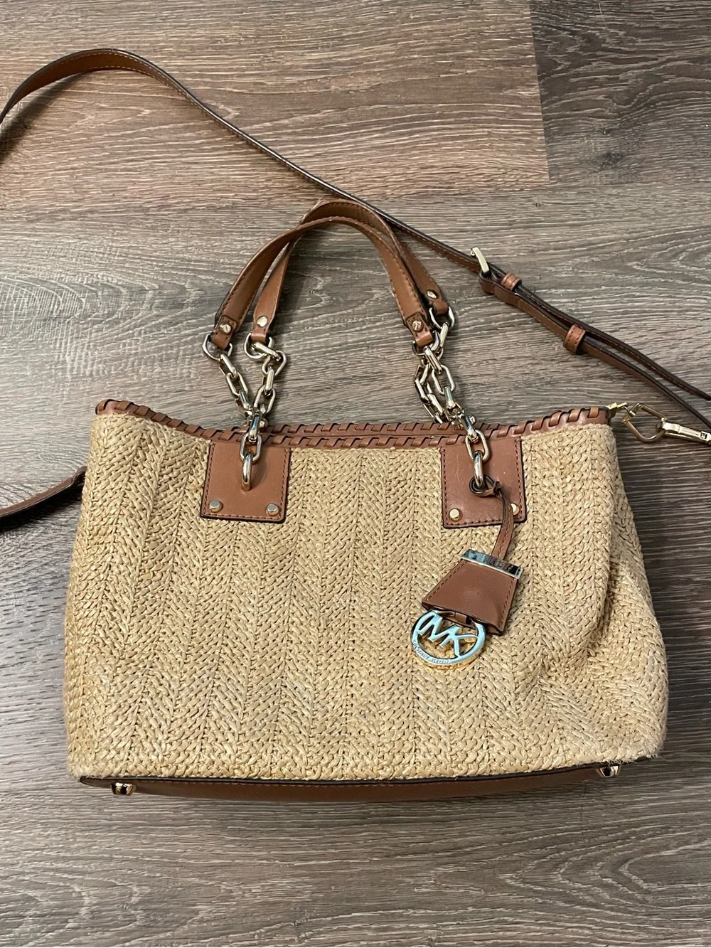 Michael Kors Rosalie woven straw Tote Leather Trim